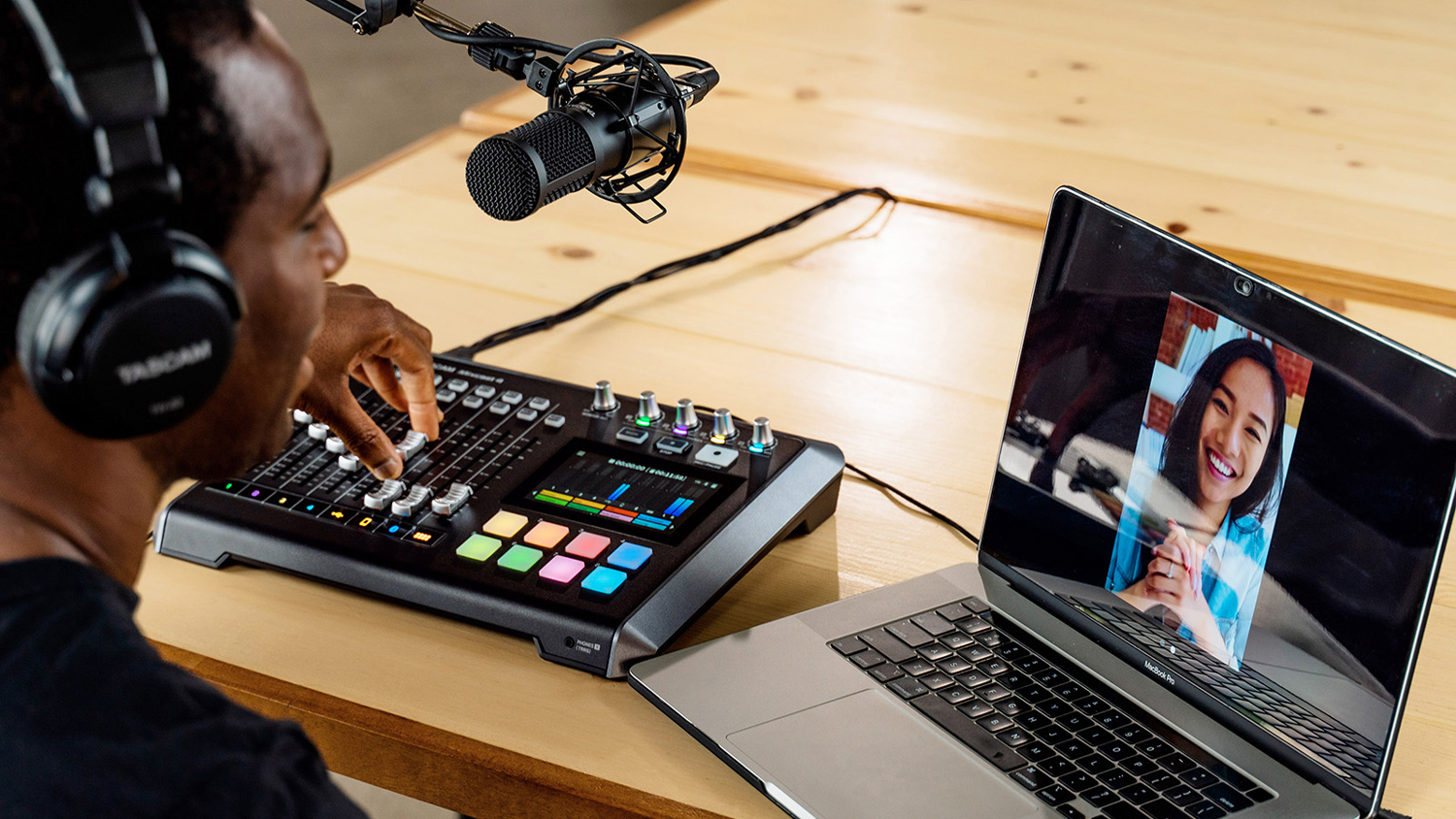 TASCAM Mixcast 2-Person Podcast Kit with Mixer-Recorder, Microphones, Boom Arms, and Headphones