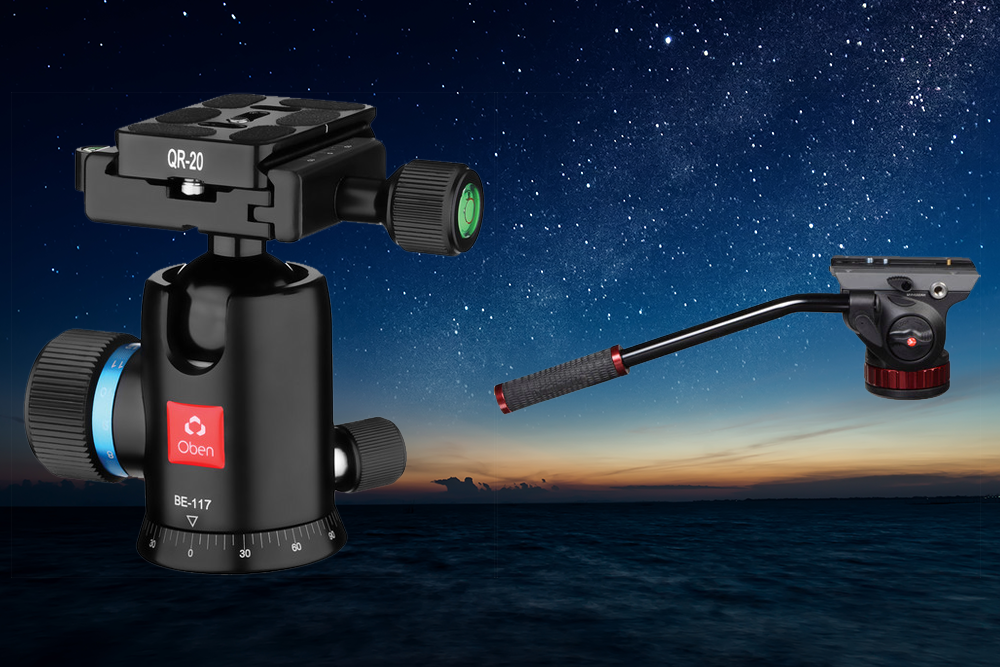 A ball head and video fluid head both work for mounted binoculars. The video fluid head offers some advantages for easy and smooth positioning of the optic.
