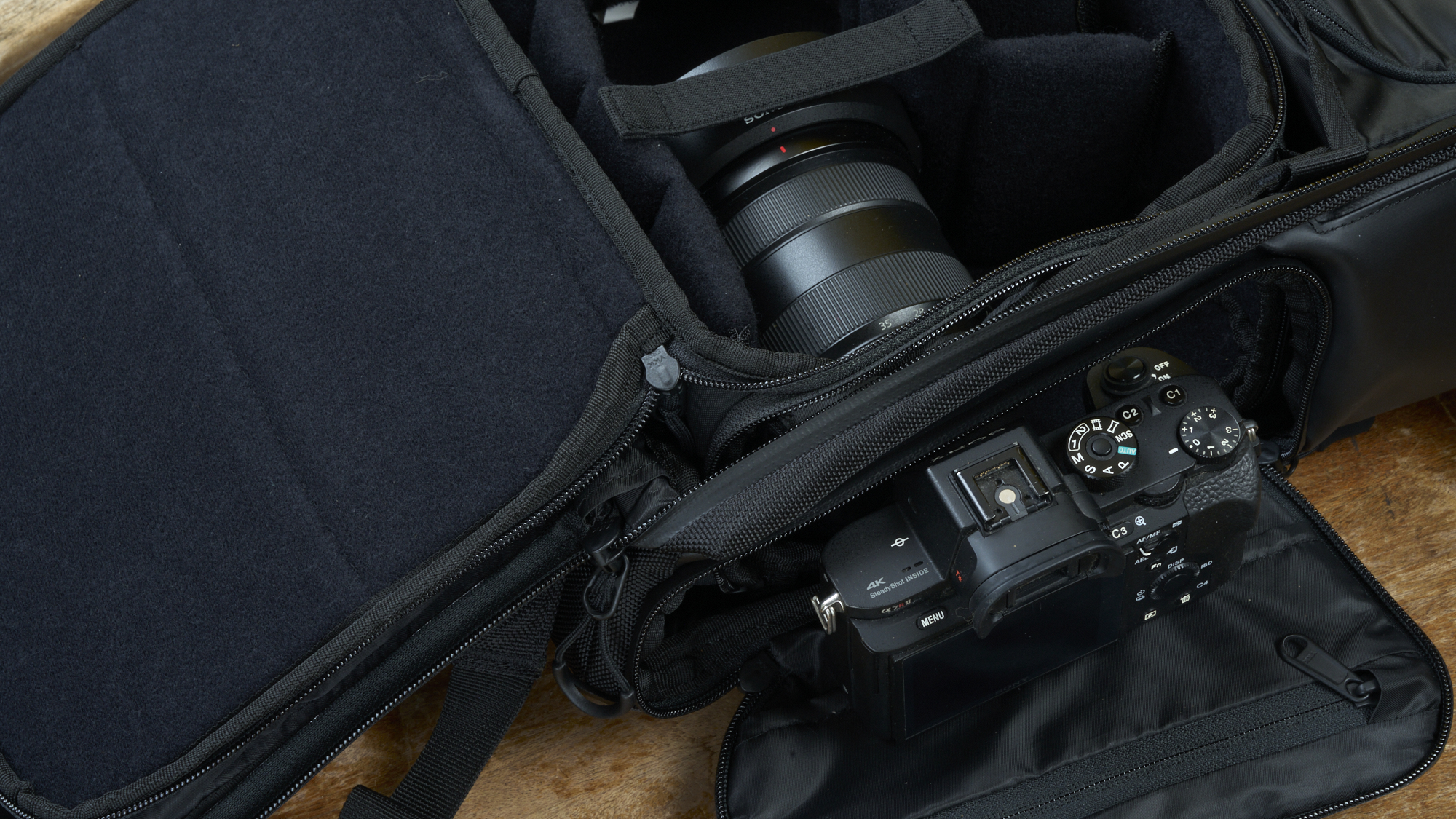 Camera gear can be accessed from the side or back &nbsp;
