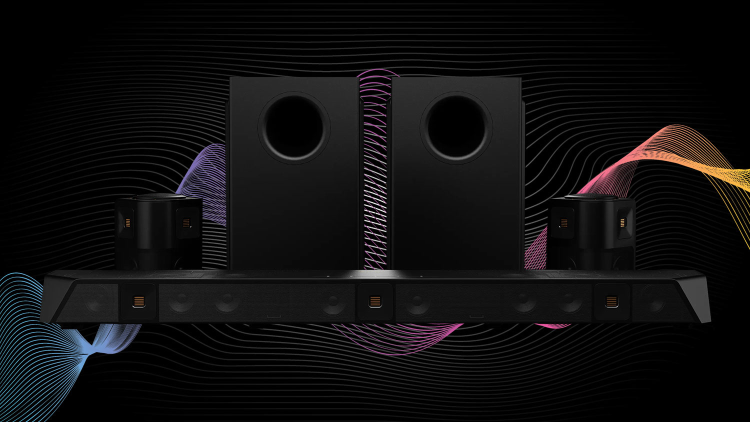 The Nakamichi DRAGON has a whopping 11.2.6 channel setup. That’s 21 channels in total, all built into a compact system, including a wide soundbar, two subwoofers and two omnidirectional surround speakers.