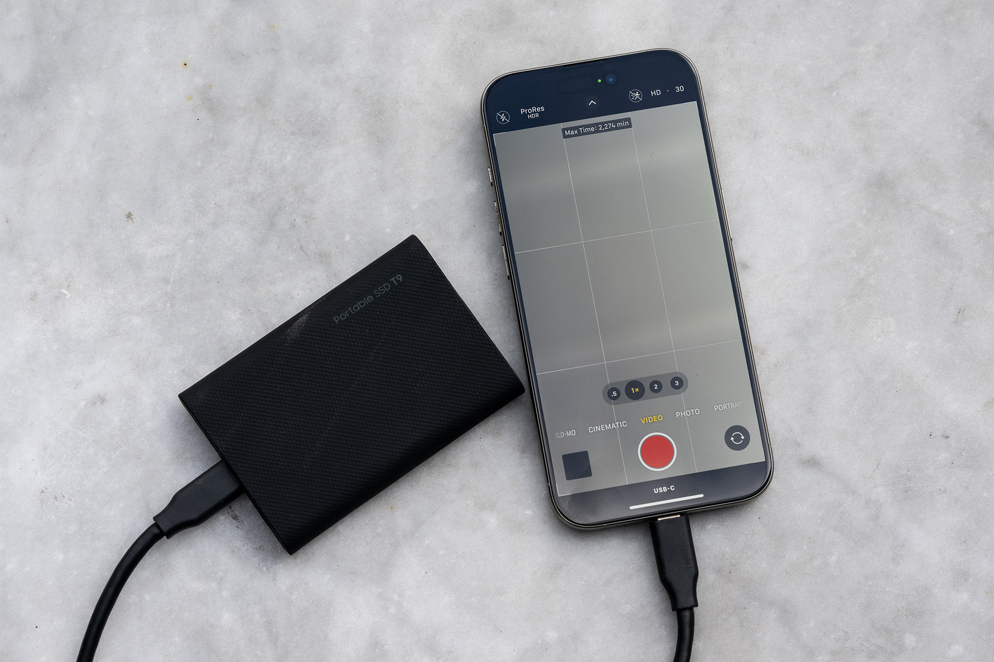 T9 SSD Connected to an iPhone 15 Pro, Ready for ProRes Recording