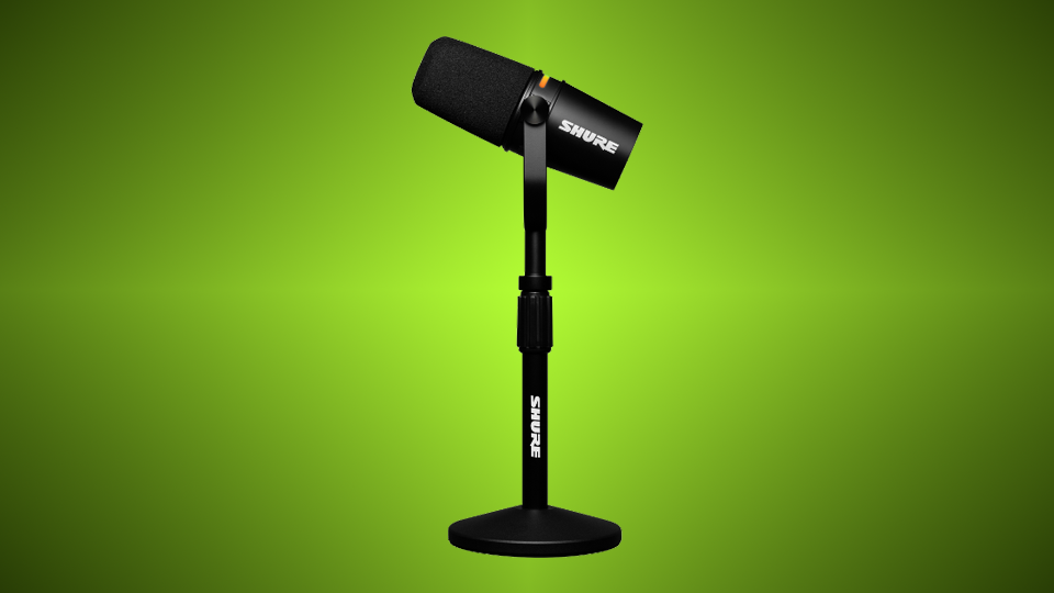 Shure MV7+ with a Gator Desktop Stand.